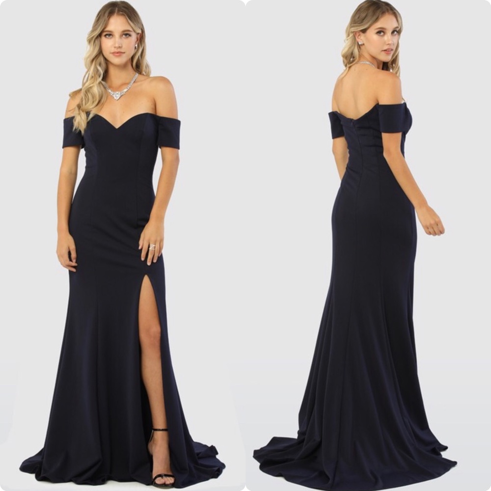 Navy Off Shoulder Side Slit Evening & Prom Gown